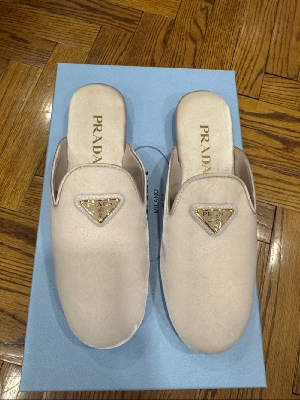Prada Blush Pink velvet Slip-On Mules with Gold Triangle Logo size 37 authentic